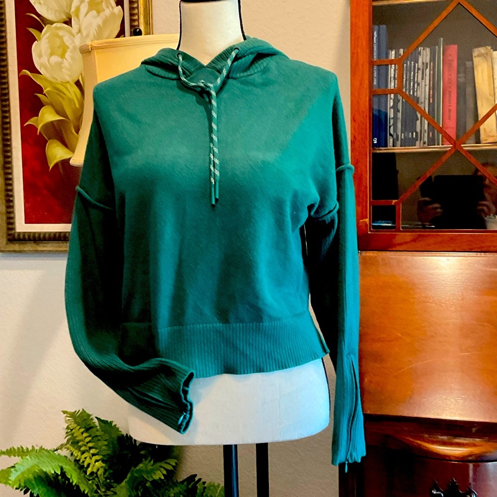 Dark green hi low FLX hoodie with green and white striped strings size medium